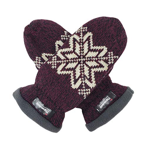 BRUCERIVER Women Snowflake Knit Mittens with Warm Fleece Lining Size L (Aubergine)