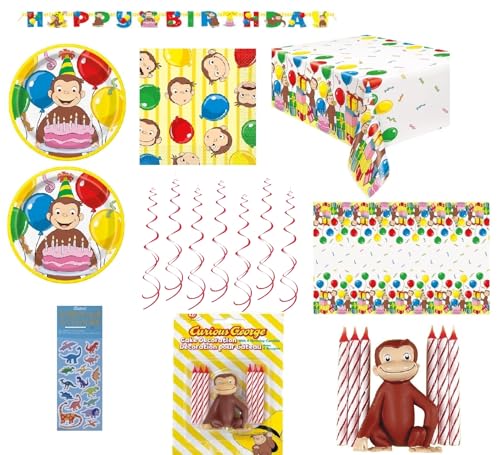 Curious George Birthday Party Supplies Bundle for 16 Includes Lunch Plates, Lunch Napkins, Table Cover, Happy Birthday Banner, Hanging Swirl Decorations, Cutlery Set