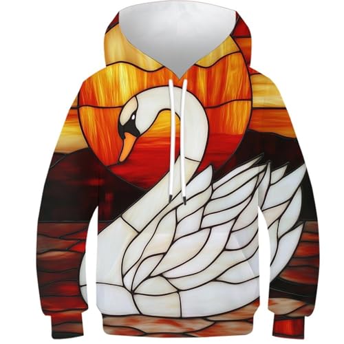Sweat à capuche 3D motifs d'art cygne en vitrail, finitions premium pour garçon