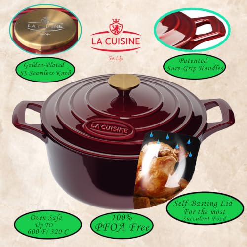 Image of La Cuisine Enameled Cast Iron Dutch Oven Casserole Pot with Golden handle for Lid, Internal Matte Black Enamel Coating, 5 QT 10.5 inch / 26cm O, Oven-Safe 550F /276C, Cranberry