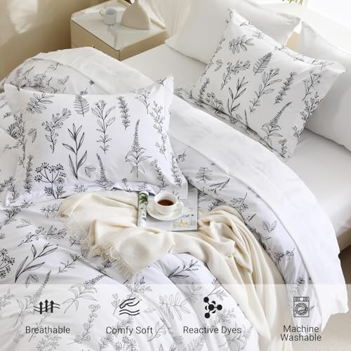 MUXHOMO Duvet Cover King Size, Reversible Floral White Duvet Cover Set with Zipper Closure, 3 Pieces Botanical Patterns Soft Microfiber Bedding Set (90"x104", 2 Pillow Cases 20"×36")