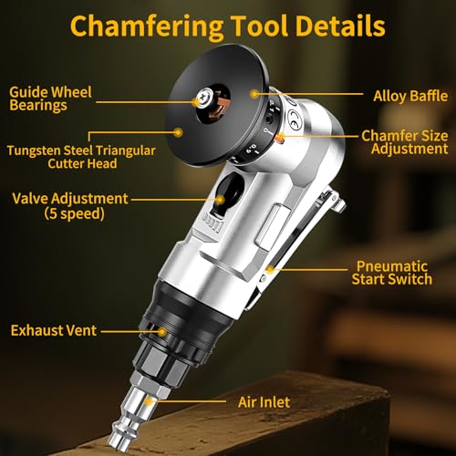 Image of Pneumatic Chamfering Tool, 30000 RPM Air Chamfer Tool with 6 Bearings & Complete Screw Kit for Deburring & Beveling, Includes 8 C & 6 R Blades, 45, 1 /4 inch Air Inlet for Metal, Wood, PVC, Acrylic