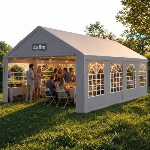 QEENTOE Partyzelt 4x8 m Wasserdicht UV-Schutz Stabiler Garten Pavillon mit Seitenteilen und Fenstern Winterfest PE-Plane Festzelt für Hochzeit Feier Außenbereich Grau