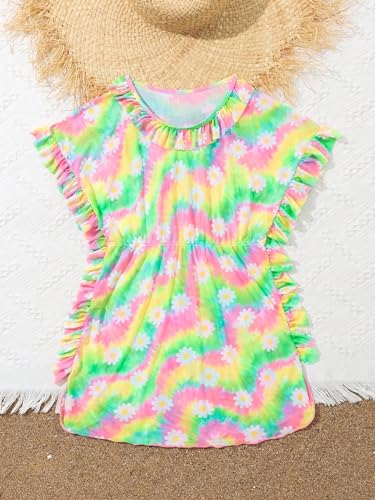 Milumia Girl's Tie Dye Floral Print Swimwear Cover Up Ruffle Trim Beach Coverups Dress3