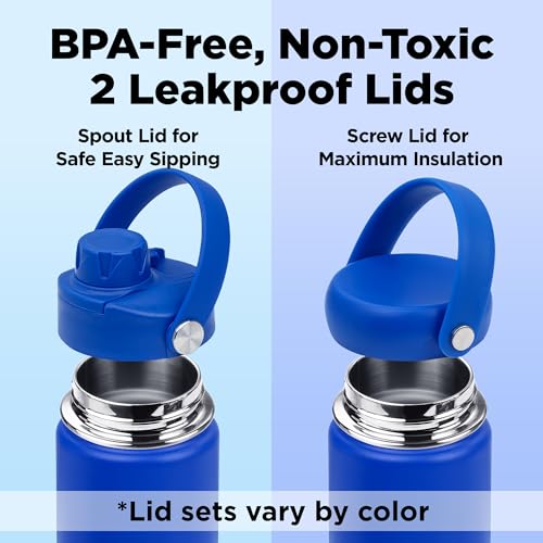 Image of ThermoProof Insulated Water Bottle - Stainless Steel, Wide Mouth, Screw Lid & Spout Lids, Leakproof, Dishwasher Safe, Reusable - Keeps Drinks Hot or Cold - for Adults & Kids - 18oz, Blue