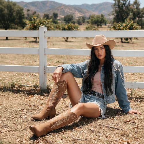 Image of LISYIIZ Women's Cowboy Boots, Knee High Western Pointed Toe Boots | Classic Western Style, Knee High Shaft, Pointed Toe, Western Embroidery, Block Heel, Side Pull Tabs, Pull On Construction