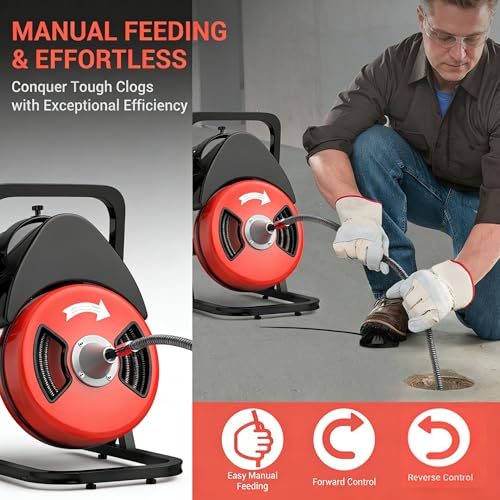 Image of Garvee 50FTx1 /2 Inch Drain Cleaner Machine with Wheels, Sewer Snake Electric Drain for 2 inch to 4 inch Pipes, Plumbing Snake Auger Cleaner with 6 Cutter & Foot Switch for Sewer, Sink, Toilet, Bathroom