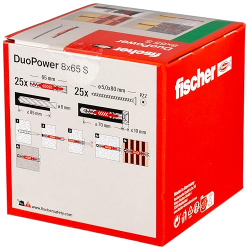 Image of Fischer DuoPower 8 x 65 S, Powerful Universal Plug with Safety Screw, Intelligent 2-Component Technology for fastenings in Concrete, Bricks, Stone, etc., 25 Plugs & 25 Screws