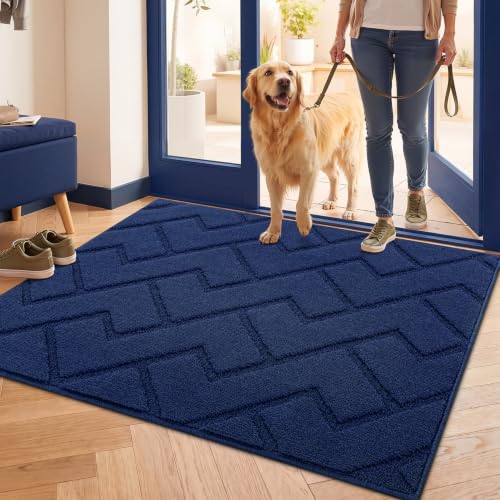 hicorfe Front Door Mat Outside Entrance,32"x40" Absorbent Muddy Dirt Resist Welcome Door Mats Outdoor Indoor,Stain and Fade Resistant,Non Slip Backing Entry Mat Doormat for Entryway(Navy Blue)
