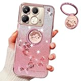 MRRSIWEI for Infinix Note 40 4G (Not 5G) Case for Women Girls, Luxury Plating Bling Glitter Sparkle Flowers Shockproof Case with Ring Stand for Infinix Note 40 4G.Flowers Pink