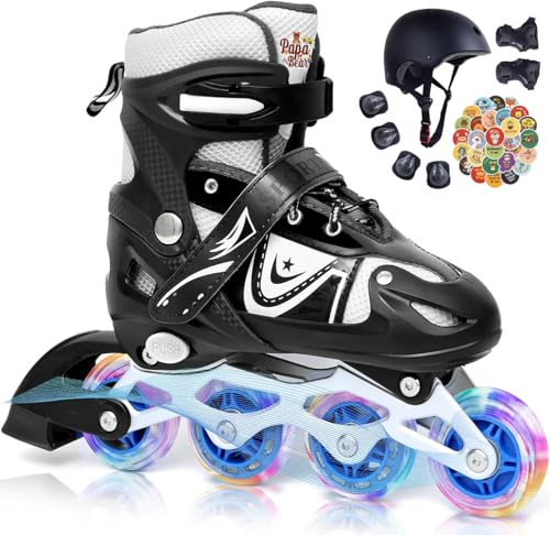 Papa Bear Adjustable Inline Skating Shoes with 6 Pcs Safety Kit C...