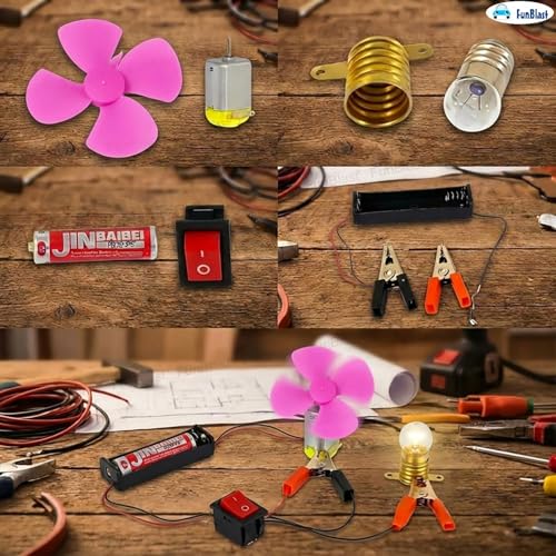 Image of FunBlast Science Experiment Kit - Science Kit for Kids, STEM Learning Kit, DIY Science Kit for Students & School Projects, Electric Circuit Kit for Students with Motor Fan Toy (Pink-)