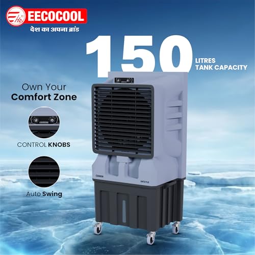 Image of EECOCOOL Santoz Plus 150 L Air Cooler|High-Performance Cooling For Large Spaces|4-Way Air Deflection,Everlast Pump,Heavy-Duty Build & Inverter Compatible|Energy-Saving With Powerful Airflow,Black