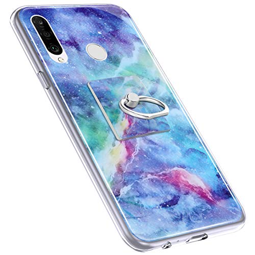 Urhause Cover Compatible with Huawei P30 Lite Case Sparkle Glitter Bling Marble Case TPU Silicone Ring Holder Cover 360 Degree Rotation Ring Holder Kickstand Shiny Bling Shockproof Cover Blue