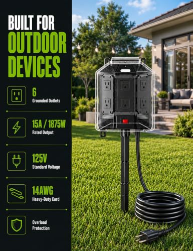 25FT Outdoor Power Stake with Weatherproof Full-Cover Design | 6 grounded outlets, 14AWG cord, overload protection, stake mount & night light for outdoor power access - image 7