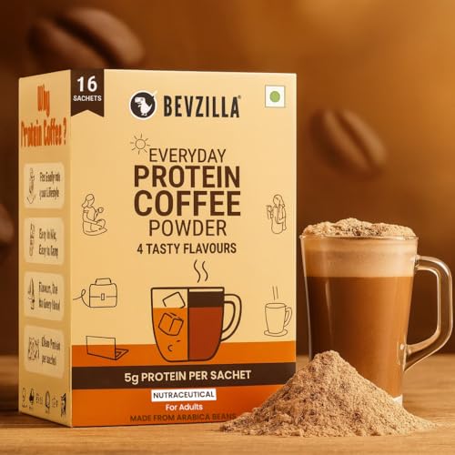 Image of Bevzilla Everyday Protein Instant Coffee Powder Sachets |160 GM(16x10g)| 5g Protein Each | Arabica Coffee | No Added Sugar | Hot & Cold Coffee Premix for Energy & Fitness (Pack of 2)