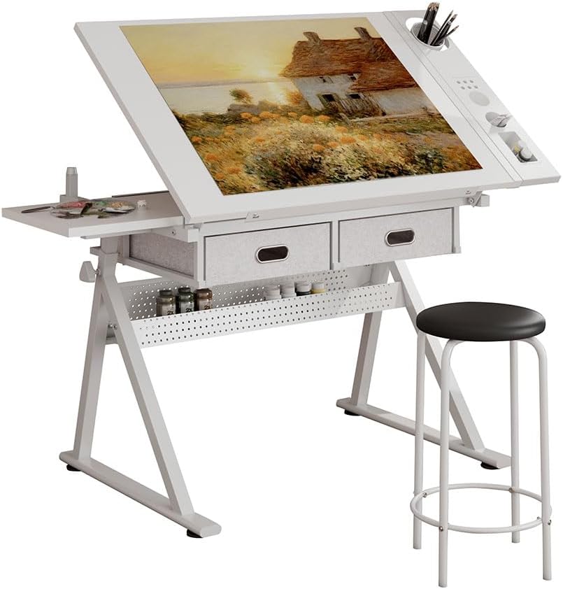 Adjustable Drafting Table, Modern Study Work Computer Desk with 2 Drawers Adjustable Drawing Drafting Table Desk with Tilted Tabletop and Stool for Home Office and School