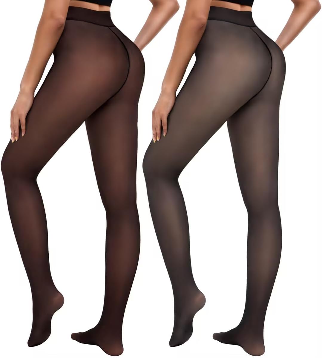 Bebila 2 Pairs Fleece Lined Tights Women Thermal Leggings Sheer Pantyhose Fake Translucent Warm Winter Tight