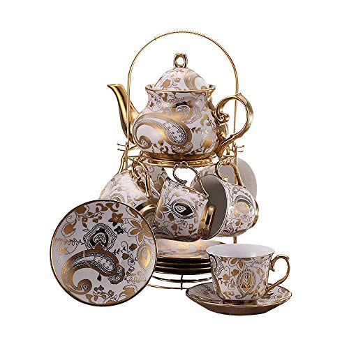 ufengke 13 Piece European Retro Titanium Ceramic Tea Set With Metal Holder, Porcelain Tea Cups Set, For Wedding, Golden Flower Painting