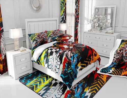 Jejeloiu Motocross Rider Bedding Set Twin Size Kids Dirt Bike Comforter Cover Set For Boys Girls Teens Extreme Sports Motorbike Duvet Cover Cool Hexagonal Motorcycle Bedspread Cover Room Decor Quilt Cover thumb #5