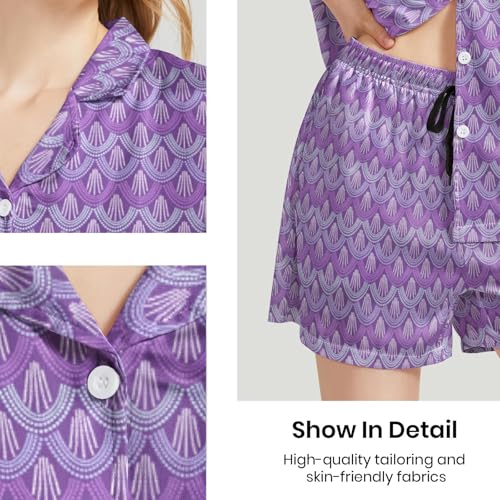 Image of Funny Pajamas for Women Set Print Satin Loungewear Pjs Short Sleeve Button Down Top and Shorts Sets Sleepwear XS-3XL
