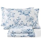 HLC.ME Rose Toile Floral Bed Sheets - 4 Piece Bed Sheet Set - Wrinkle Resistant & Ultra Soft - Fits Mattresses up to 15 Inches Deep (Queen, Blue)