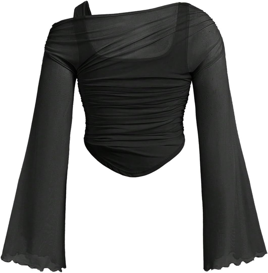 WDIRARA Women's Plus Size Off Shoulder T Shirt Asymmetrical Neck Ruched Bell Long Sleeve Sleeve Top - Image 3