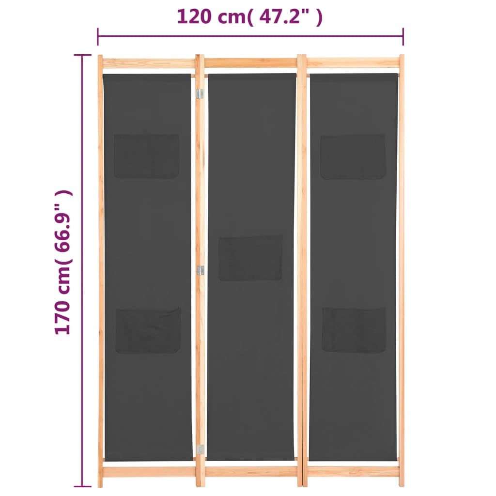 vidaXL Divisorio a 3 Pannelli con Tasche Autoportante Paravento Separé Privacy Stanza Grigio 120x170x4 cm in Tessuto e Massello Abete