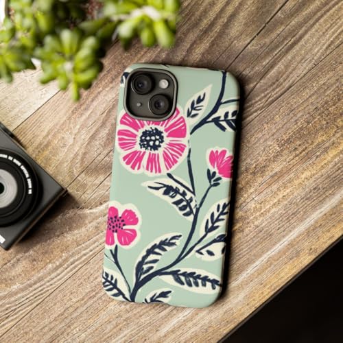 Coque iPhone 15 Plus rigide anti-trace motif fleurs rose menthe