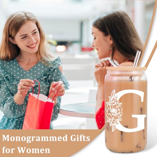 Image of Coolife Initial Glass Cup, Monogrammed Gifts for Women, 16 oz Tumbler w /Lid | Iced Coffee Smoothie Beer Tumbler w /Straw Lid - Personalized Christmas, Birthday Gifts for Woman Her Mom Friend