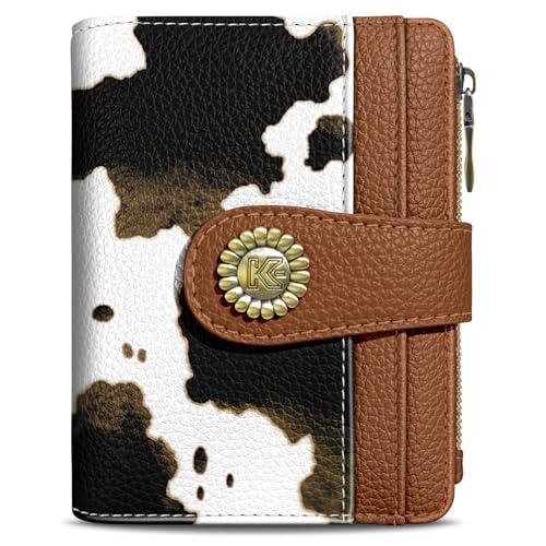 Image of Kelvoris Cow Print Brown Small Rfid Women Wallet Bifold Zipper Coin Pocket | PU Leather Compact Cash Credit Card Holder Travel Purse for Female Ladies Teen Girls 1 ID Window 10 Card Slots