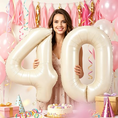 Image of Number Balloons for Birthday Decorations - 40 Inch Large Party Balloons 40, Cream Foil Number Balloons for Boys Girls, Balloons for Party Supplies