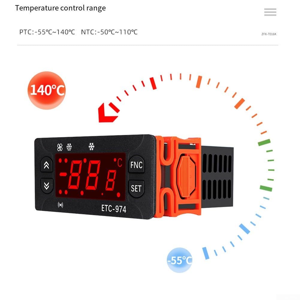 ETC-974 Régulateur de température pour équipement de refroidissement avec deux capteurs, fonction de dégivrage intégrée et alarme, fonctionne avec AC/DC 12V