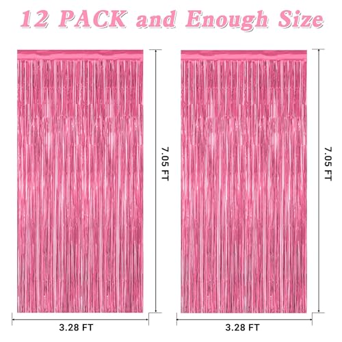 Image of ZATAYE 12 Pack Pink Backdrop, 3.28 FT x 7.05 FT Foil Fringe Curtains, Metallic Pink Tinsel Curtain Party Streamer Birthday Backdrop for Girl, Valentines Day Decorations Bachelorette Party Supplies