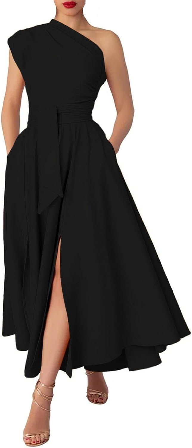 Women's One Shoulder Belted Maxi Dress Long Formal Wedding Guest Dress with Pockets All Dresses for Women Formal