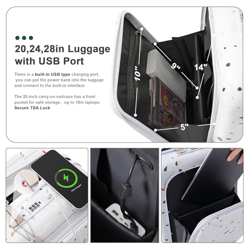 Versatile Luggage Set for Effortless Travel, Includes USB Port, Front Opening Design, Durable ABS+PC Material, Starry Sky White, 20/24/28 inch3