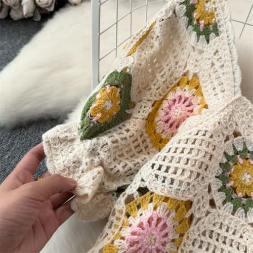 Women Square Neck Button-Up Crochet Top Short Sleeve Knit Crop Cardigan Fairycore Summer Casual Daily Outfit Blouse3