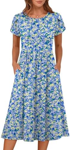 ANRABESS Women's Summer Short Sleeve A-Line Midi Dresses Casual Floral T-Shirt Dresses Flowy Beach Sundress with Pockets, Print Blue Yellow Floral, M