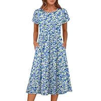 ANRABESS Vestido feminino de verão manga curta evasê midi casual floral vestido de praia rodado vestido de verão com bolsos, Estampa floral azul amarela, GG