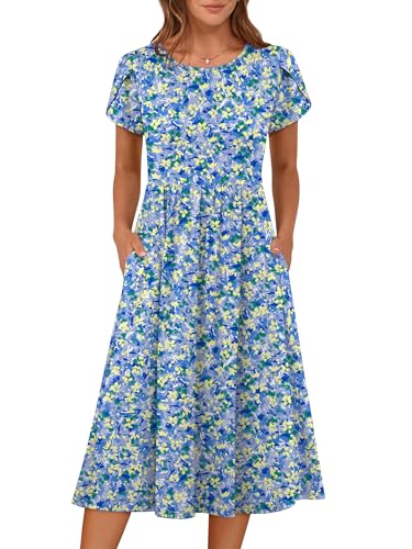 ANRABESS Women's Summer Short Sleeve A-Line Midi Dresses Casual Floral T-Shirt Dresses Flowy Beach Sundress with Pockets Print Blue Yellow Floral Large