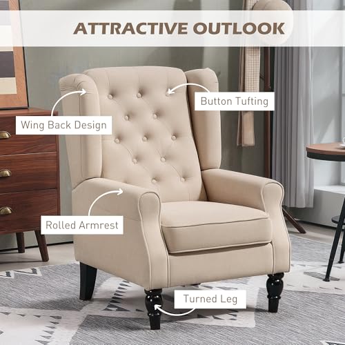 HOMCOM-Mid-Century-Modern-Accent-Chair-High-Wingback-Chair-Button-Tufted-Upholstered-Fabric-Armchair-with-Retro-Wood-Legs-for-Living-Room-Bedroom-Beige HOMCOM Mid Century Modern Accent Chair High Wingback Chair Button Tufted Upholstered Fabric Armchair with Retro Wood Legs for Living Room Bedroom Beige