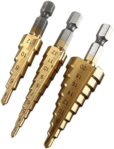 3 Pics Titanium Coated Step Drill Bits 1/4" HSS Hex Shank ,3-12mm 4-12mm 4-20mm