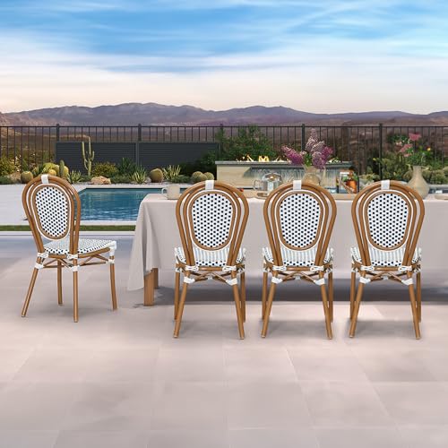 Image of PURPLE LEAF Patio Dining Chair Set of 4 Outdoor French Aluminium Frame in Champagne Finish with Sky Blue & White Woven Rattan for Indoor Kitchen Deck Bistros Cafe Restaurant