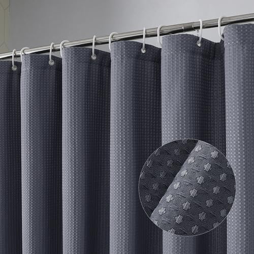 OVZME Extra Long Shower Curtain Set - 84 Inch Long Waffle Weave Heavy Duty Cloth Shower Curtain for Bathroom, Luxury Weighted 230GSM Bath Curtain Set with 12 Plastic Hooks, 72x84, Grey