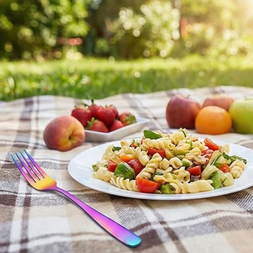 Image of 7.7 inch Rainbow Dinner Forks Set of 4 - Food-Grade 18 /8 Stainless Steel Silverware, Durable Mirror Polished Metal Forks, Dishwasher Safe, Perfect for Home, Restaurant, and Gifting