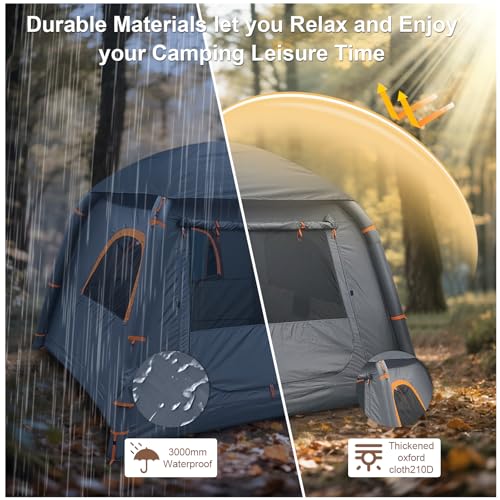 Inflatable Family Tent with Pump, 2-4 Person Glamping Camping Shelter, Effortless Setup Blow Up Tents for All Seasons Waterproof with Mesh Windows - Image 3