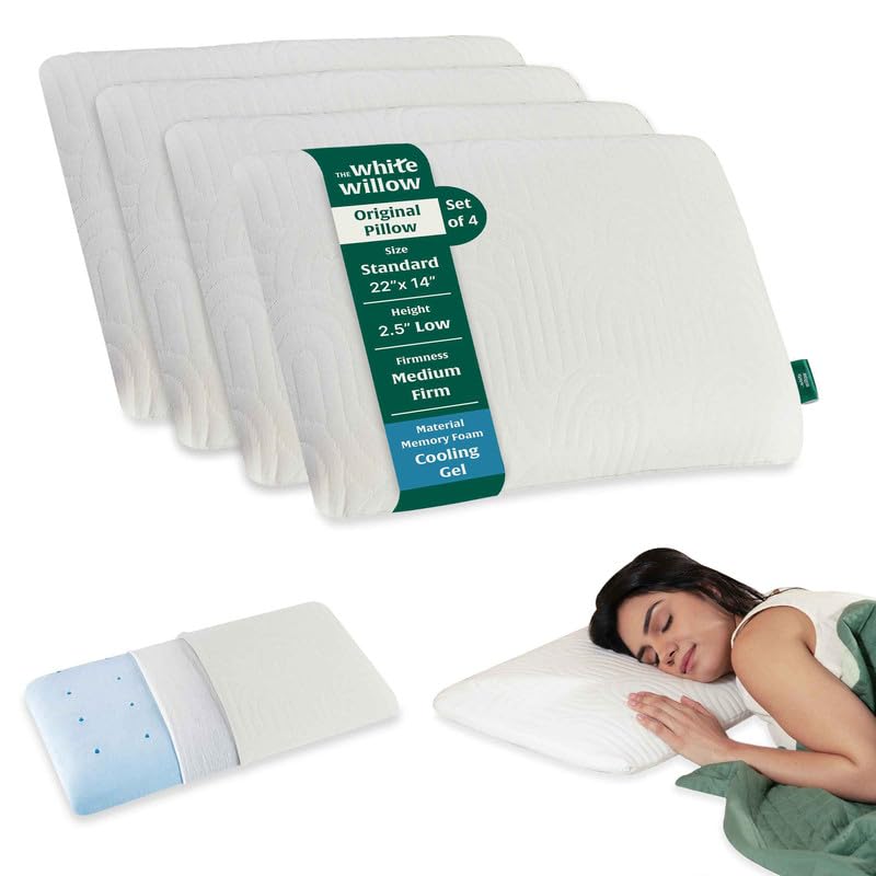 The White Willow Thin Pillow for Sleeping-Slim Memory Foam PillowSet of4-CoolGelSlimPillowforNeck & Shoulder Pain Relief-Flat Pillow-OrthopedicCervical Neck Pillow-Standard Size-2.5" H-Classic White