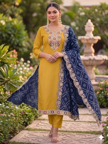 Image of Women Festive Kurta Pant Ensemble with Badhani Embroidered Dupatta Ethnic Set