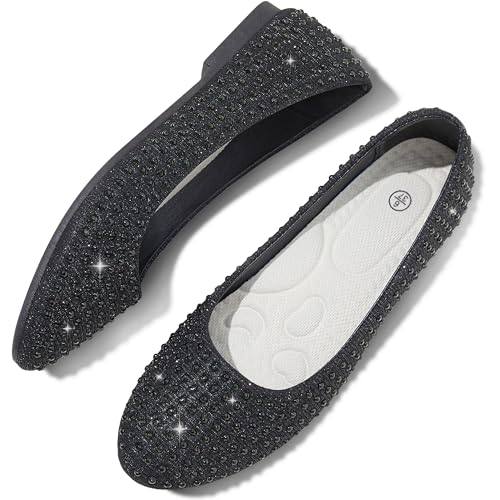 Women Rhinestone Ballet Flats Round Toe Sparkly Elegant Ballerina Flats Comfortable Light Weight Business Shoes Fashion Dress Wedding Shoes