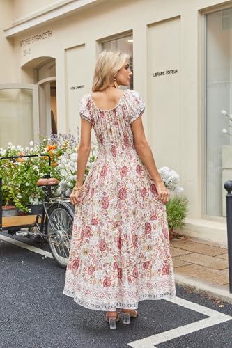Image of OSTOO Women's Floral Maxi Dress Boho Summer Short Sleeve Smocked Waist Tiered Long Dress